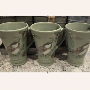 3 Pfaltzgraff Winterwood Green Pottery Cup Cups Mug Mugs Bird Berries Berry